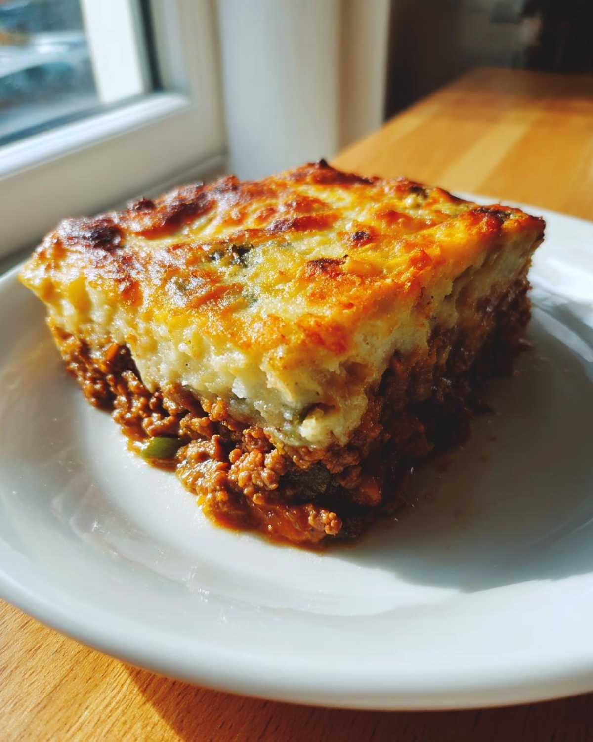 A hearty slice of cottage pie featuring a rich meat base and a golden-brown, cheesy mashed potato topping.