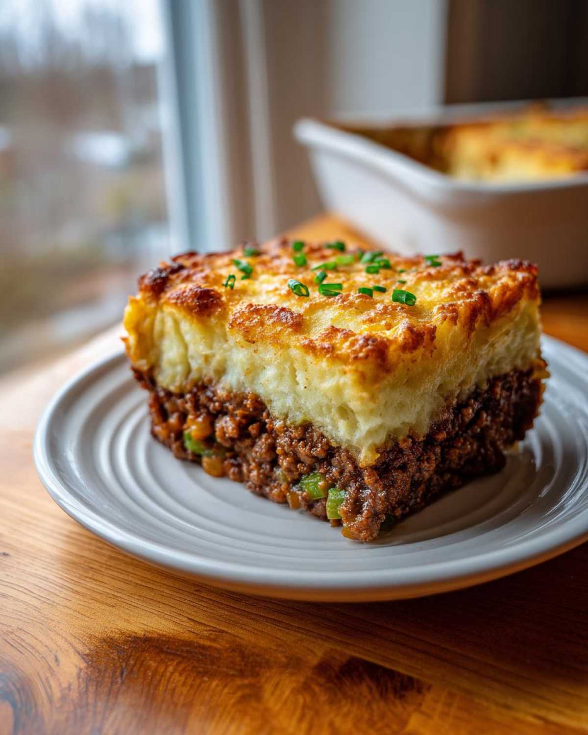 A thick slice of cottage pie featuring a rich meat base and golden, browned mashed potato topping, garnished with chives.