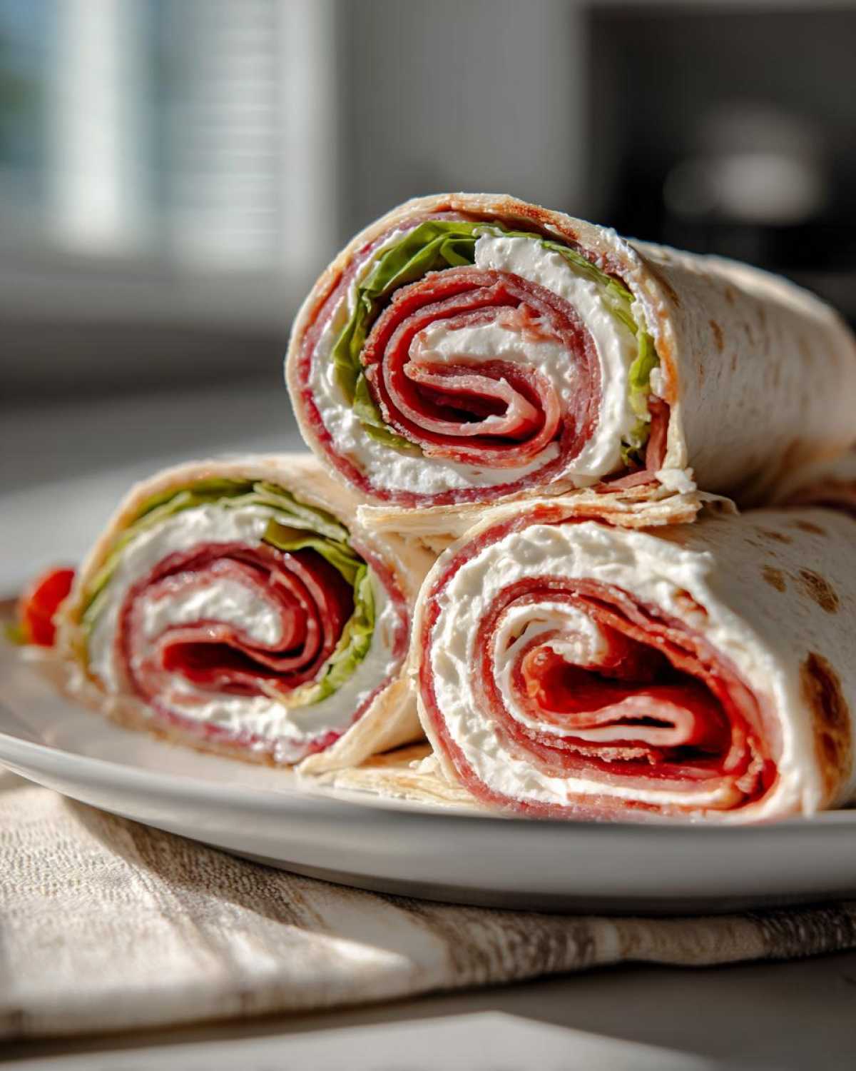 Three cross-sections of delicious italian pinwheels stacked on a white plate, showing layers of salami, cream cheese, and lettuce.