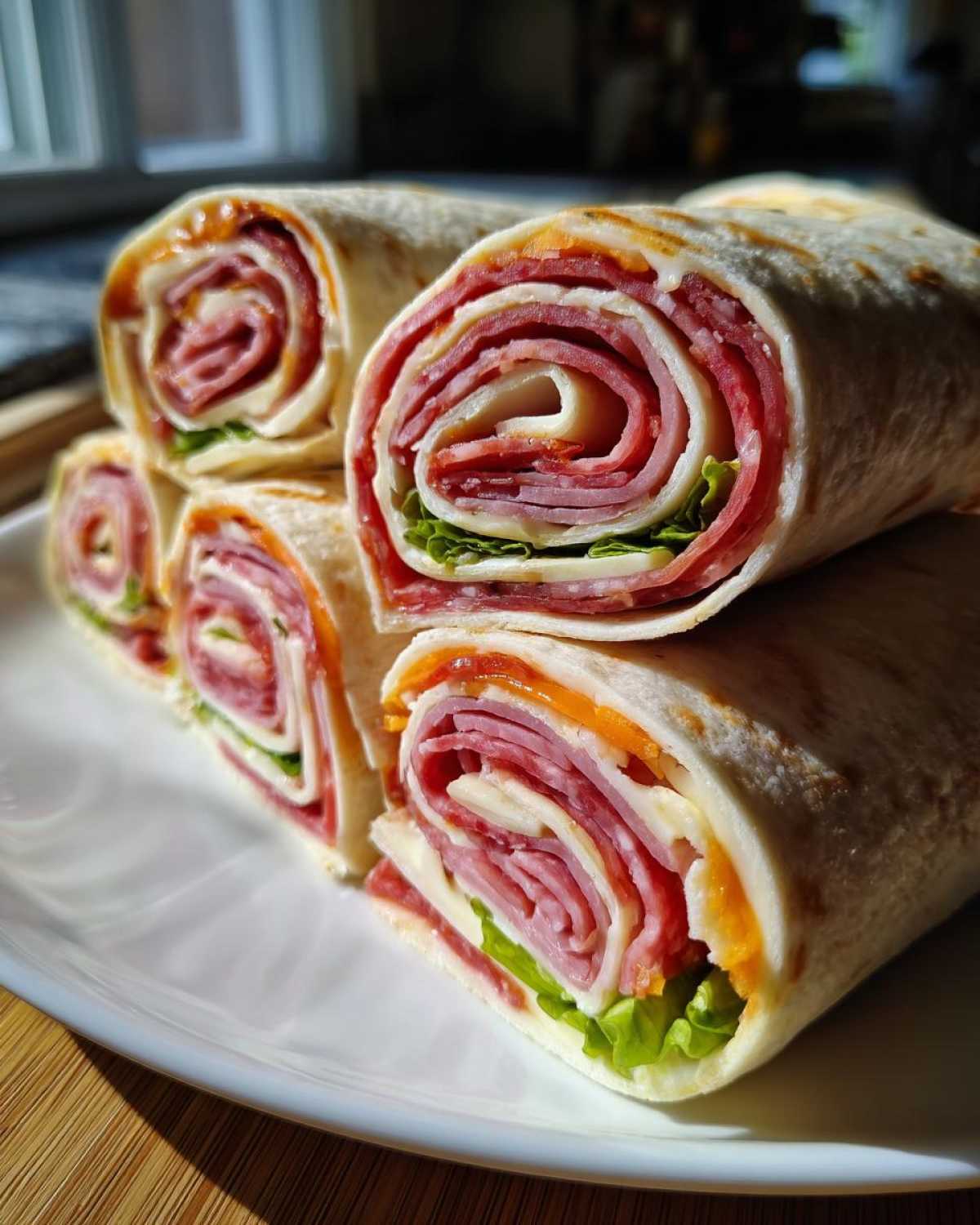 Stack of four delicious, sliced italian pinwheels showing layers of deli meat, cheese, and lettuce wrapped in a tortilla.