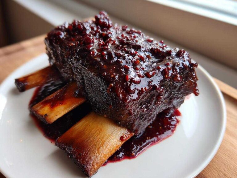 Close-up of tender Slow-Roasted Rhubarb Short Ribs covered in a thick, glossy, dark red rhubarb glaze.
