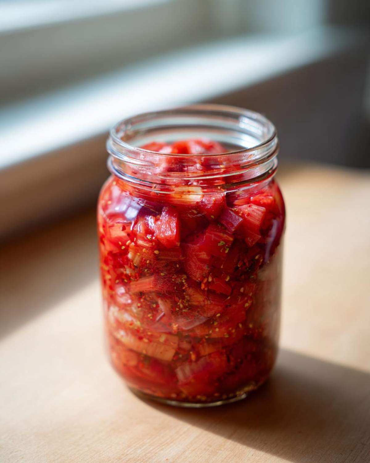 A glass jar filled with vibrant red, chopped Small-Batch Rhubarb Kimchi sitting on a wooden surface.