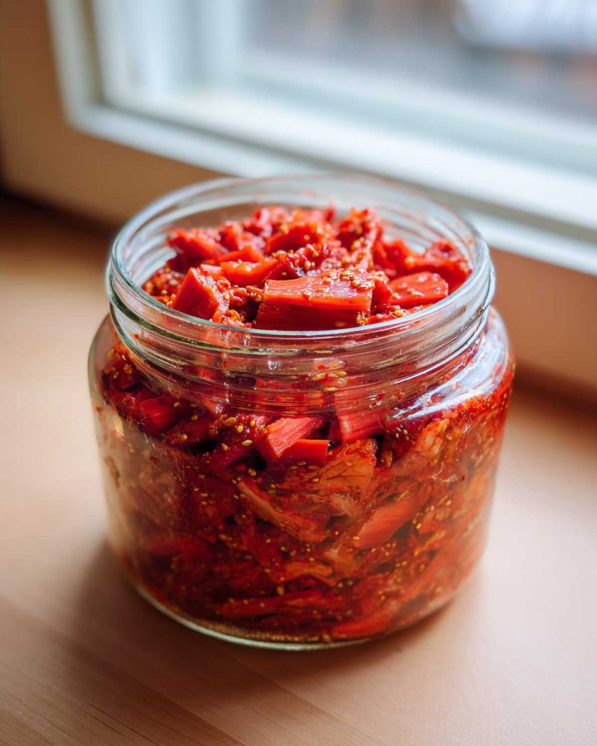 A glass jar filled with vibrant red Small-Batch Rhubarb Kimchi, showing chopped rhubarb pieces coated in seasoning.