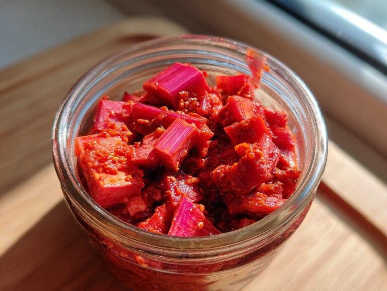 Close-up of bright red, chopped rhubarb pieces coated in seasoning inside a glass jar of Small-Batch Rhubarb Kimchi.