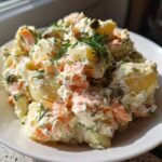 A close-up of a creamy smoked salmon potato salad topped with fresh dill and capers, served in a white bowl.