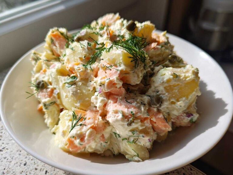 Amazing 2 Smoked Salmon Potato Salad Recipe A close-up of a creamy smoked salmon potato salad topped with fresh dill and capers, served in a white bowl.