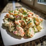 A generous serving of creamy smoked salmon potato salad, garnished heavily with fresh dill and capers.