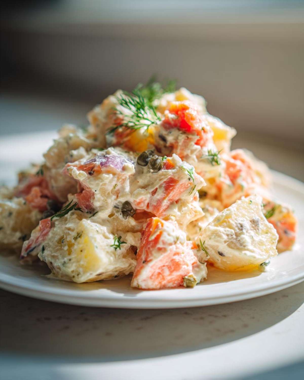 Close-up of a creamy smoked salmon potato salad recipe served on a white plate, garnished with fresh dill.