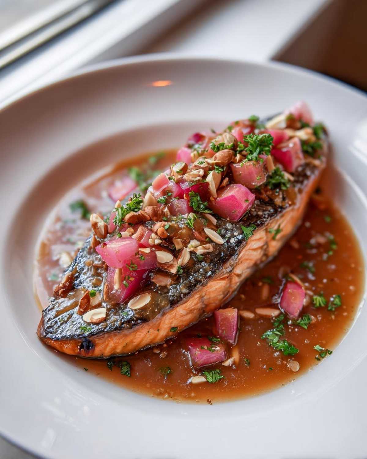 A perfectly cooked fillet of smoked trout with crispy skin, topped with diced pink rhubarb, nuts, and herbs, served in brown butter sauce.