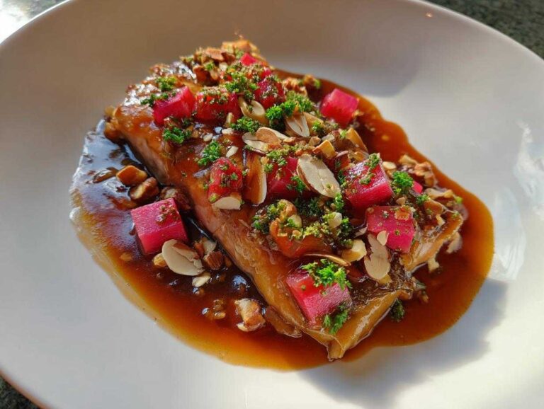 A fillet of Smoked Trout with Brown Butter served with bright pink rhubarb cubes, nuts, and parsley.