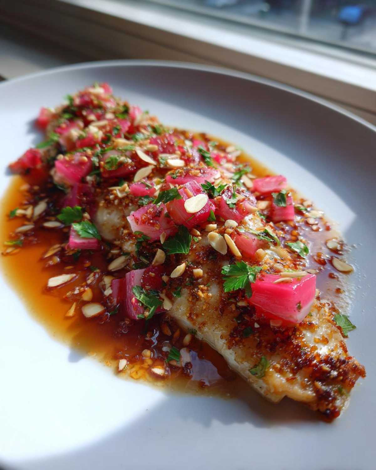 A fillet of smoked trout covered in brown butter sauce, bright pink rhubarb chunks, herbs, and toasted nuts.