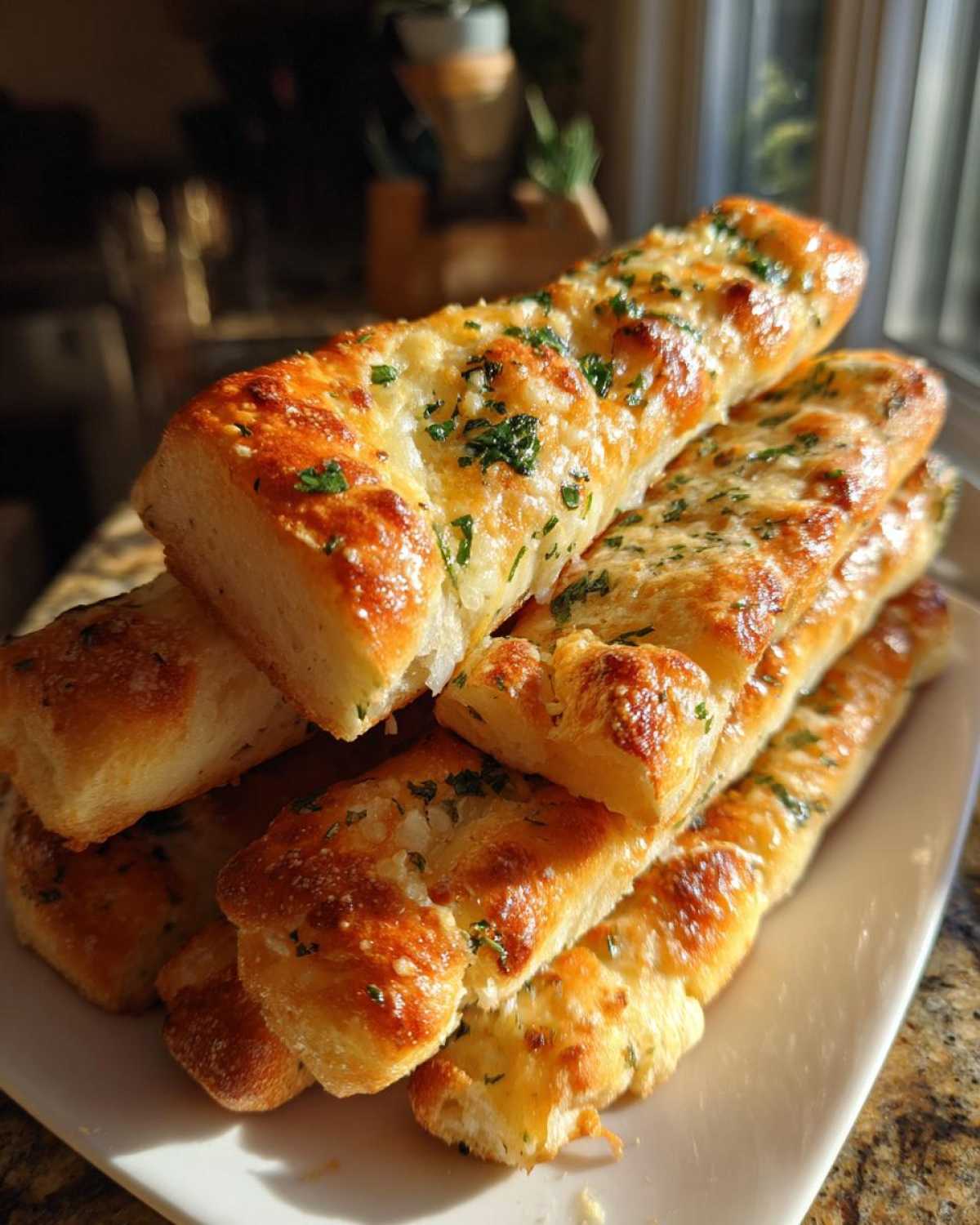 A stack of golden, soft garlic butter breadsticks topped with melted cheese and fresh parsley, ready to eat.