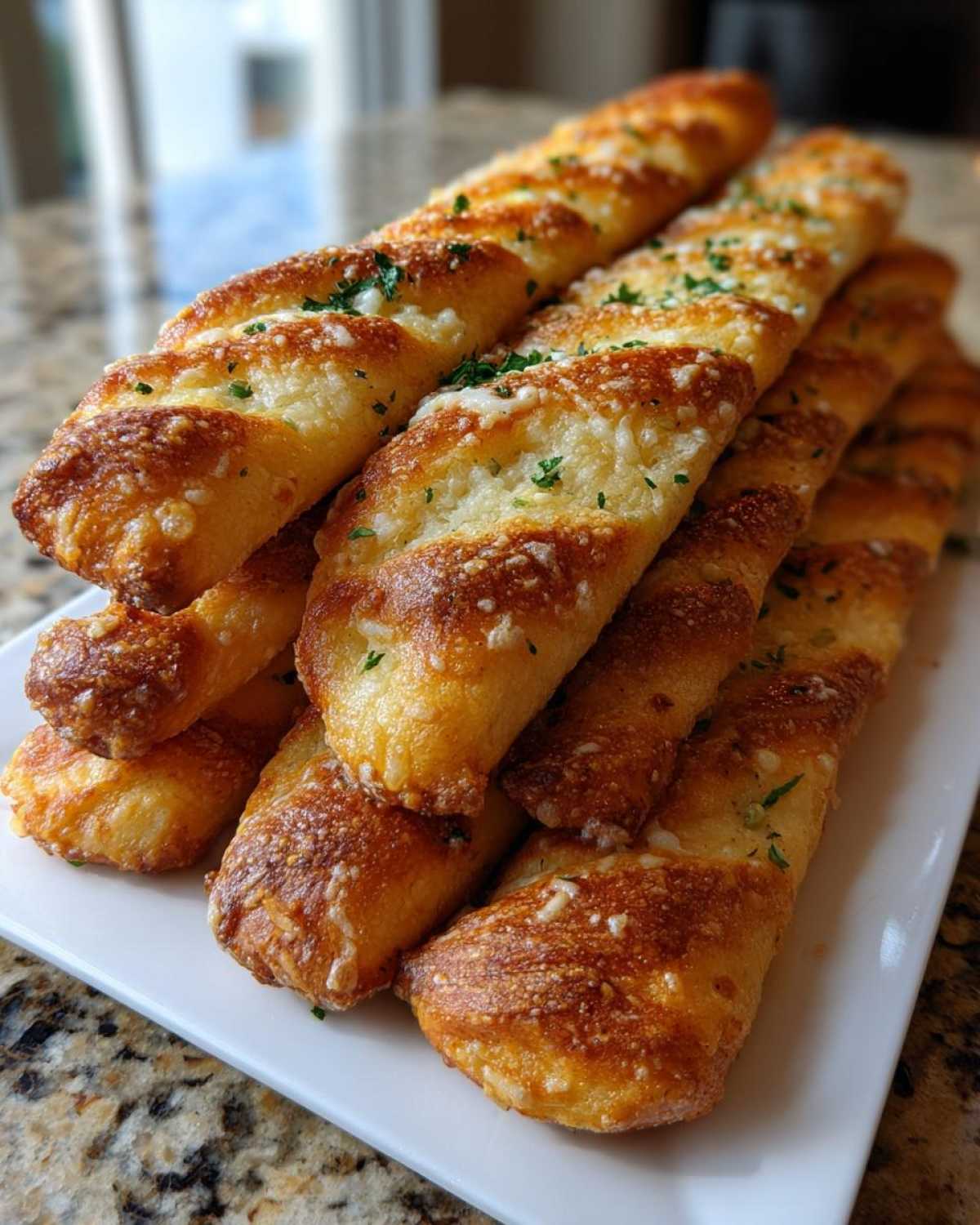 A stack of golden brown, twisted garlic butter breadsticks topped with melted cheese and parsley.