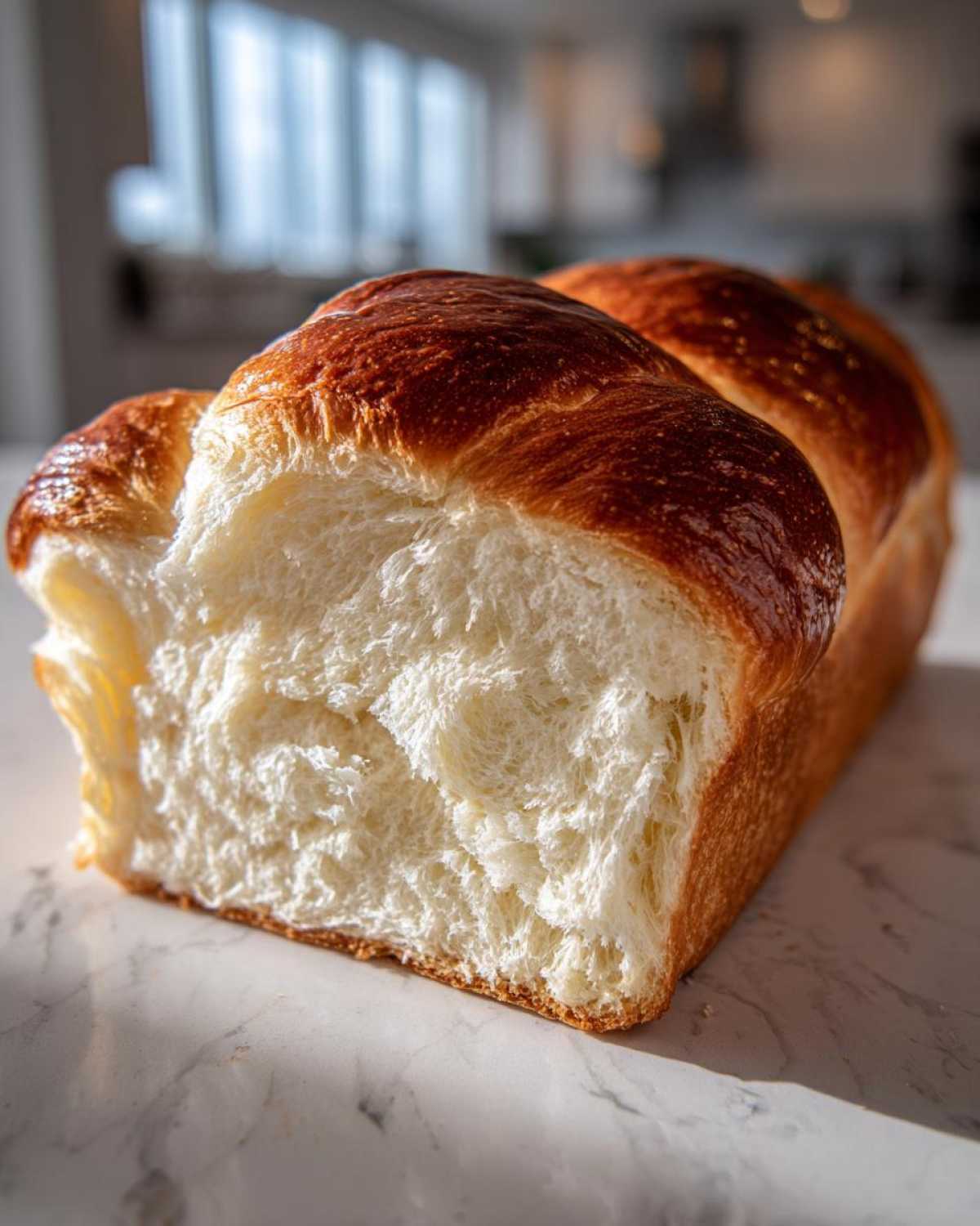 Close-up of a loaf of homemade milk bread sliced open, revealing its incredibly soft, fluffy white interior and golden-brown crust.
