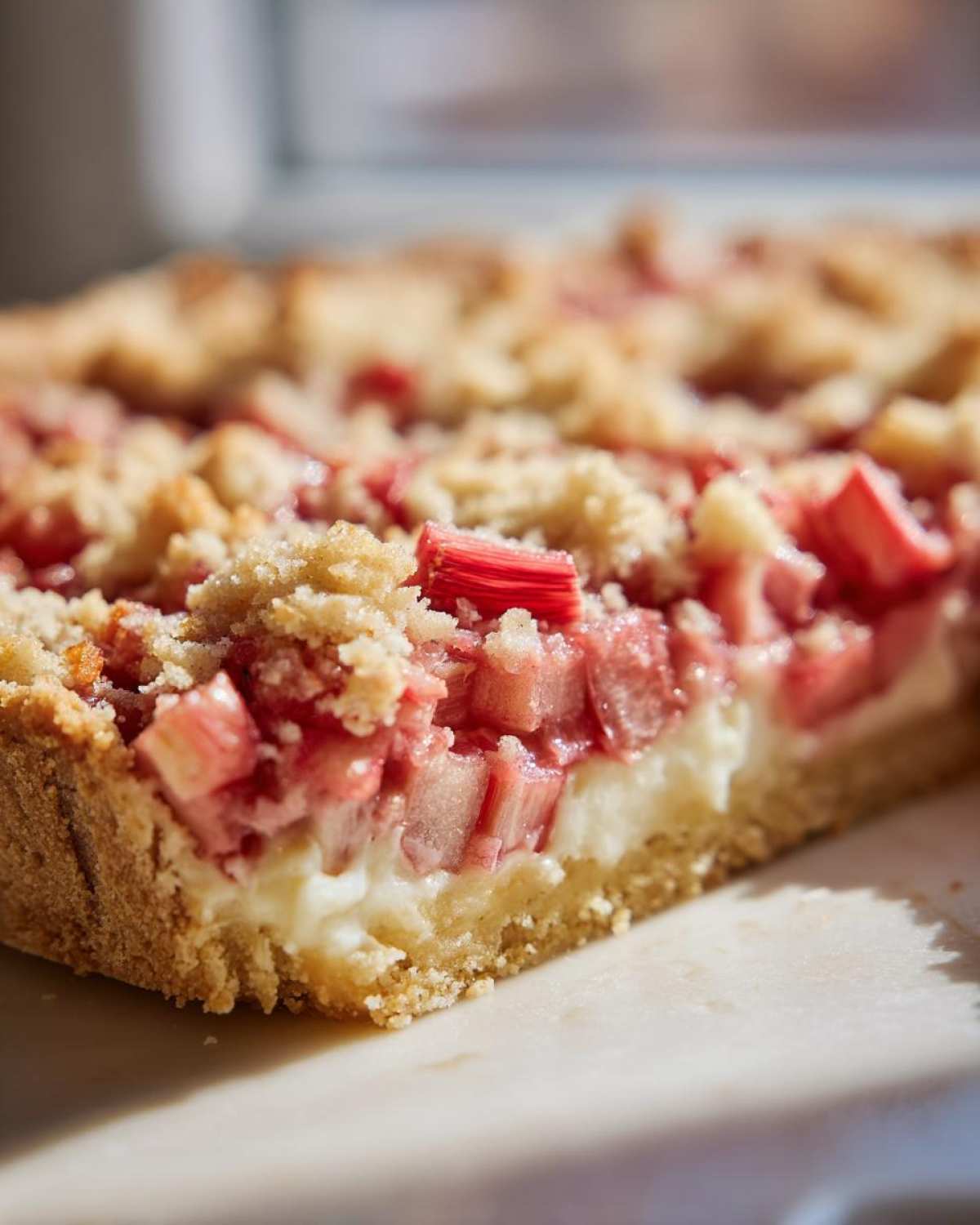 Close-up cross-section of Sour Cream Rhubarb Squares with Lemon, showing a shortbread crust, creamy layer, and bright pink rhubarb topping with crumble.