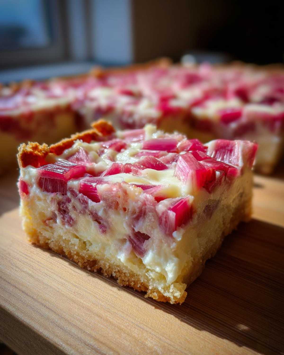 Close-up of a single serving of Sour Cream Rhubarb Squares with Lemon showing the thick crust and creamy topping with bright pink rhubarb pieces.