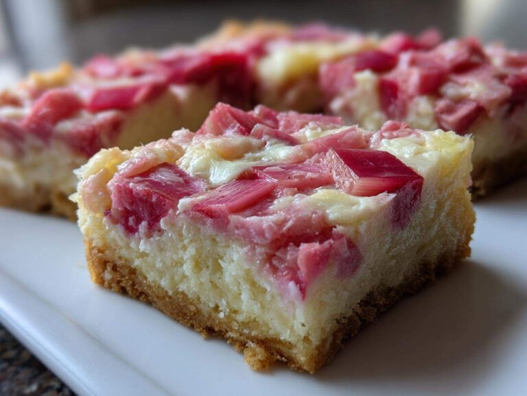 A close-up of a thick, baked square featuring a graham cracker crust topped with creamy filling and bright pink chunks of rhubarb in these Sour Cream Rhubarb Squares with Lemon.