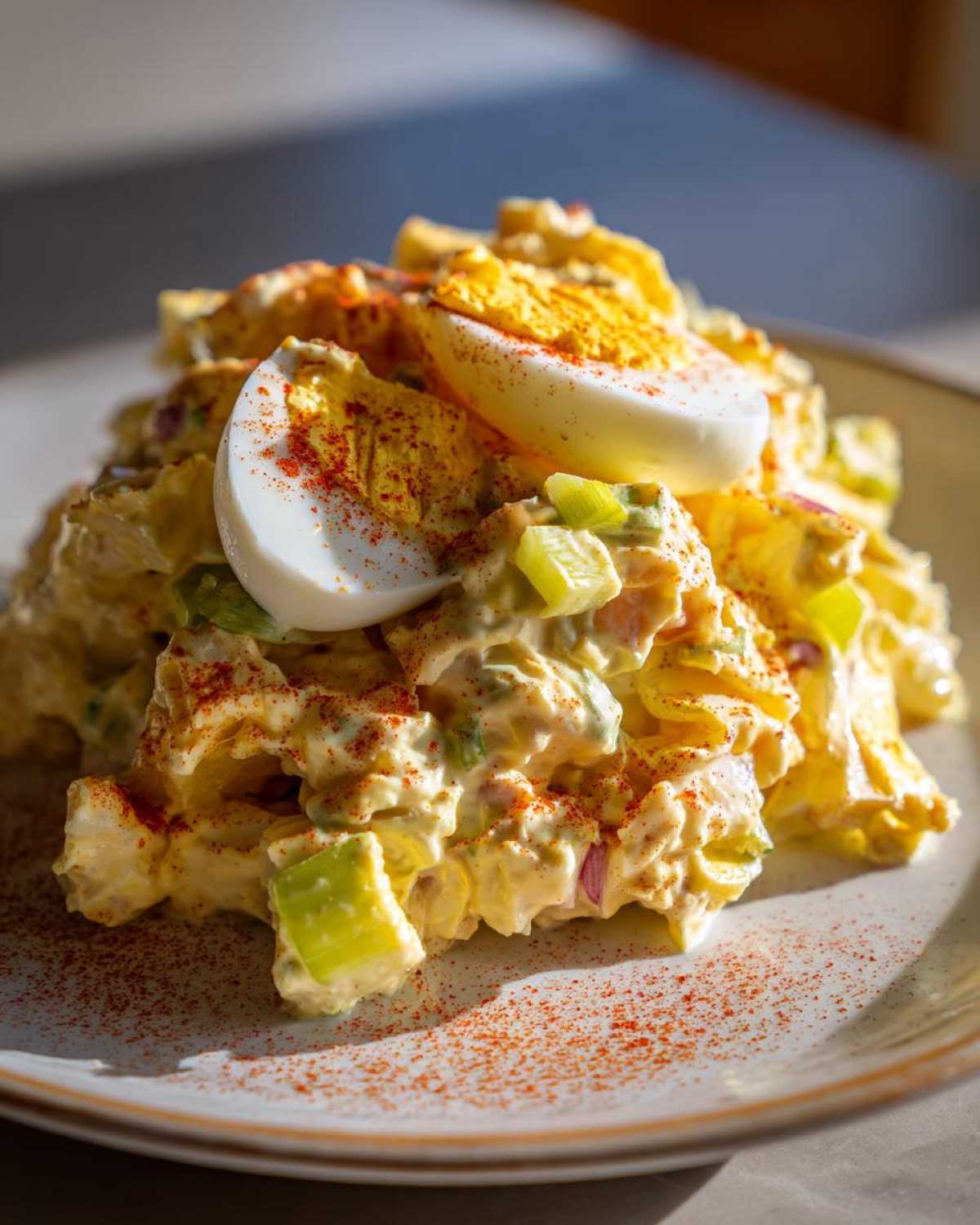 A close-up of a creamy mound of Southern Potato Salad, topped with sliced hard-boiled eggs and sprinkled with paprika.