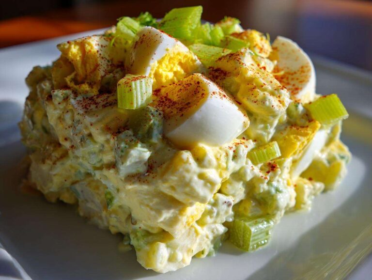 A close-up, featured image of a scoop of creamy Southern Potato Salad topped with sliced hard-boiled eggs and chopped celery.