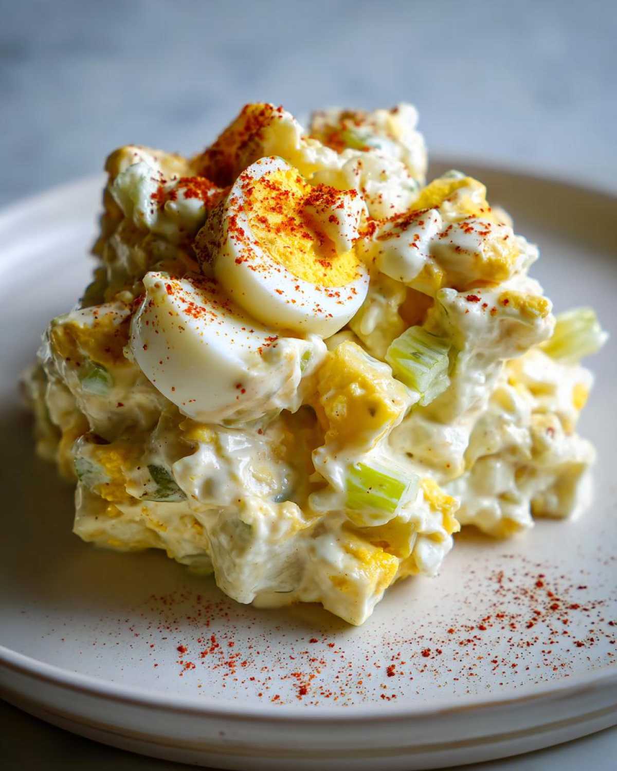 Close-up of a mound of creamy Southern Potato Salad topped with sliced hard-boiled egg and sprinkled paprika.