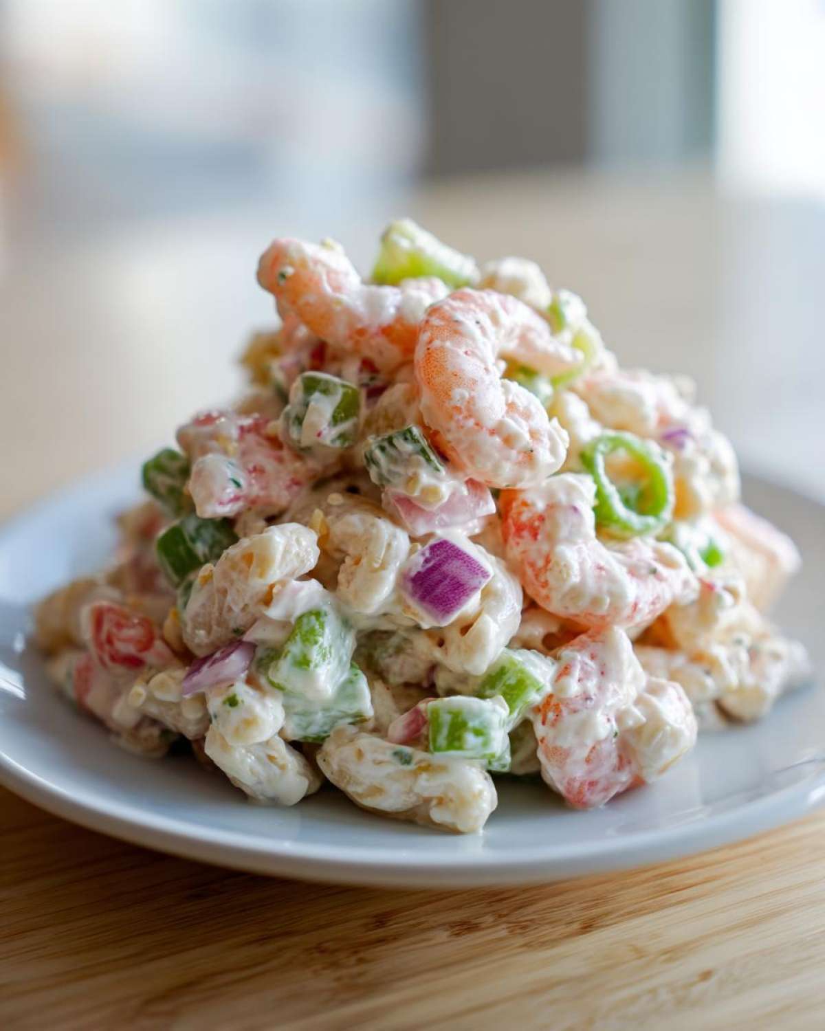 A mound of creamy Southern Shrimp Pasta Salad featuring shrimp, pasta, green peppers, and red onion on a white plate.