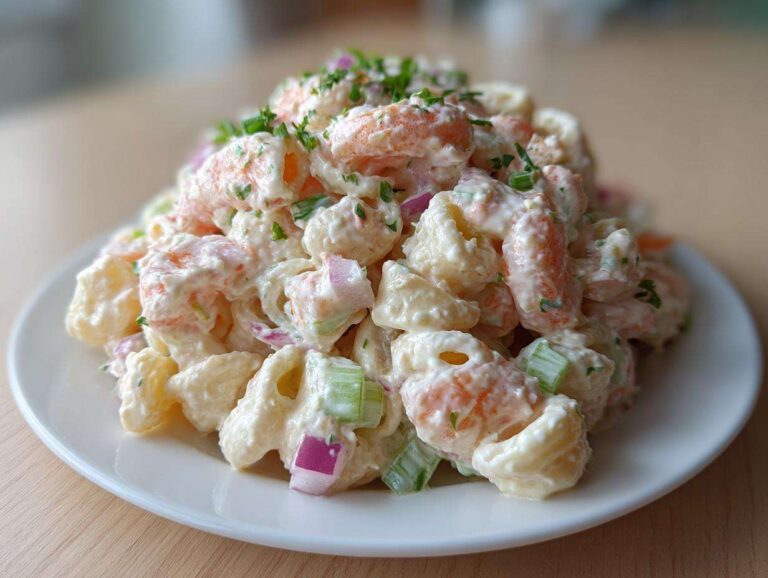 Amazing 1 Southern Shrimp Pasta Salad Recipe A mound of creamy Southern Shrimp Pasta Salad featuring elbow macaroni, pink shrimp, red onion, and celery, garnished with fresh herbs.