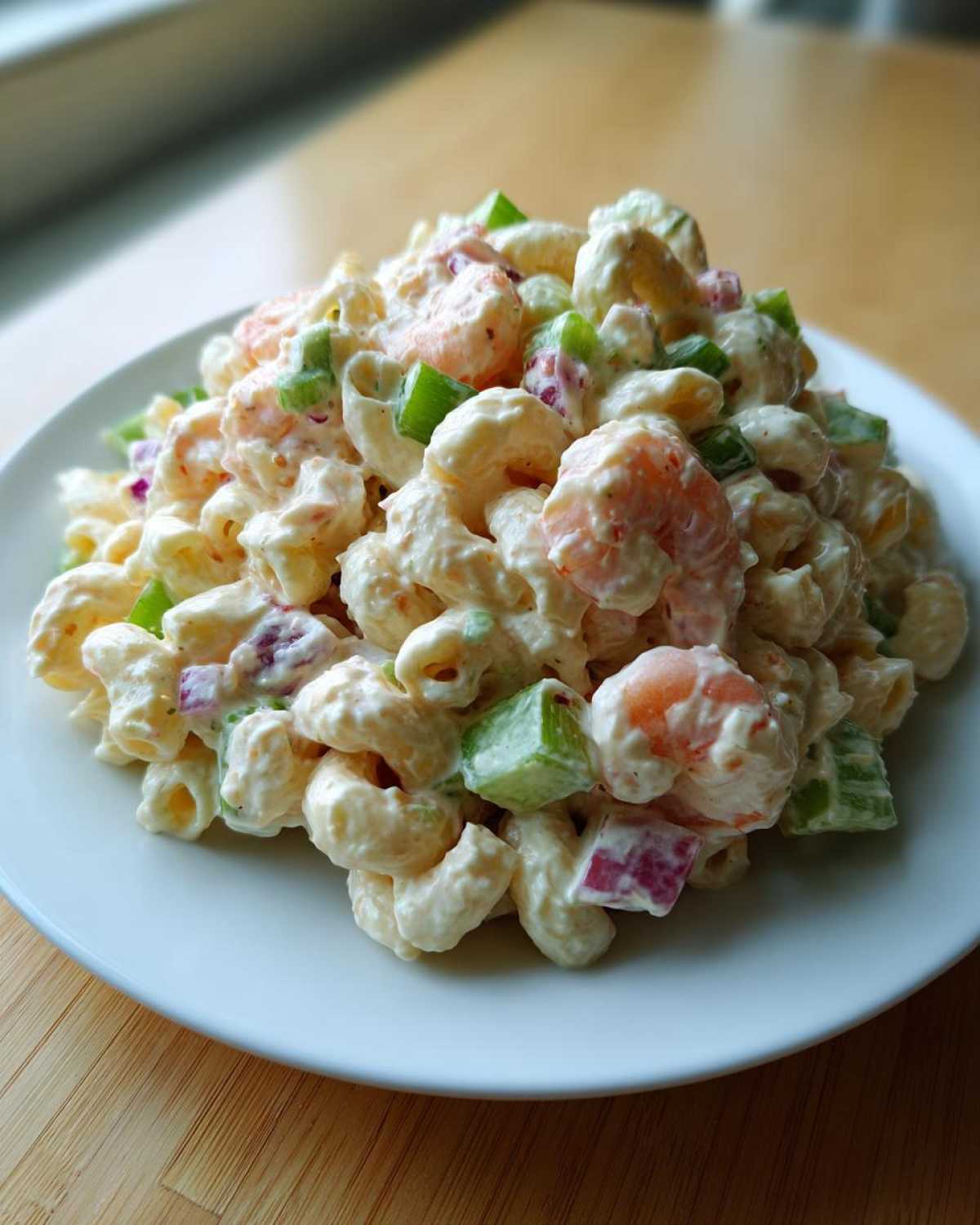 A generous serving of creamy Southern Shrimp Pasta Salad featuring elbow macaroni, pink shrimp, green celery, and red onion on a white plate.