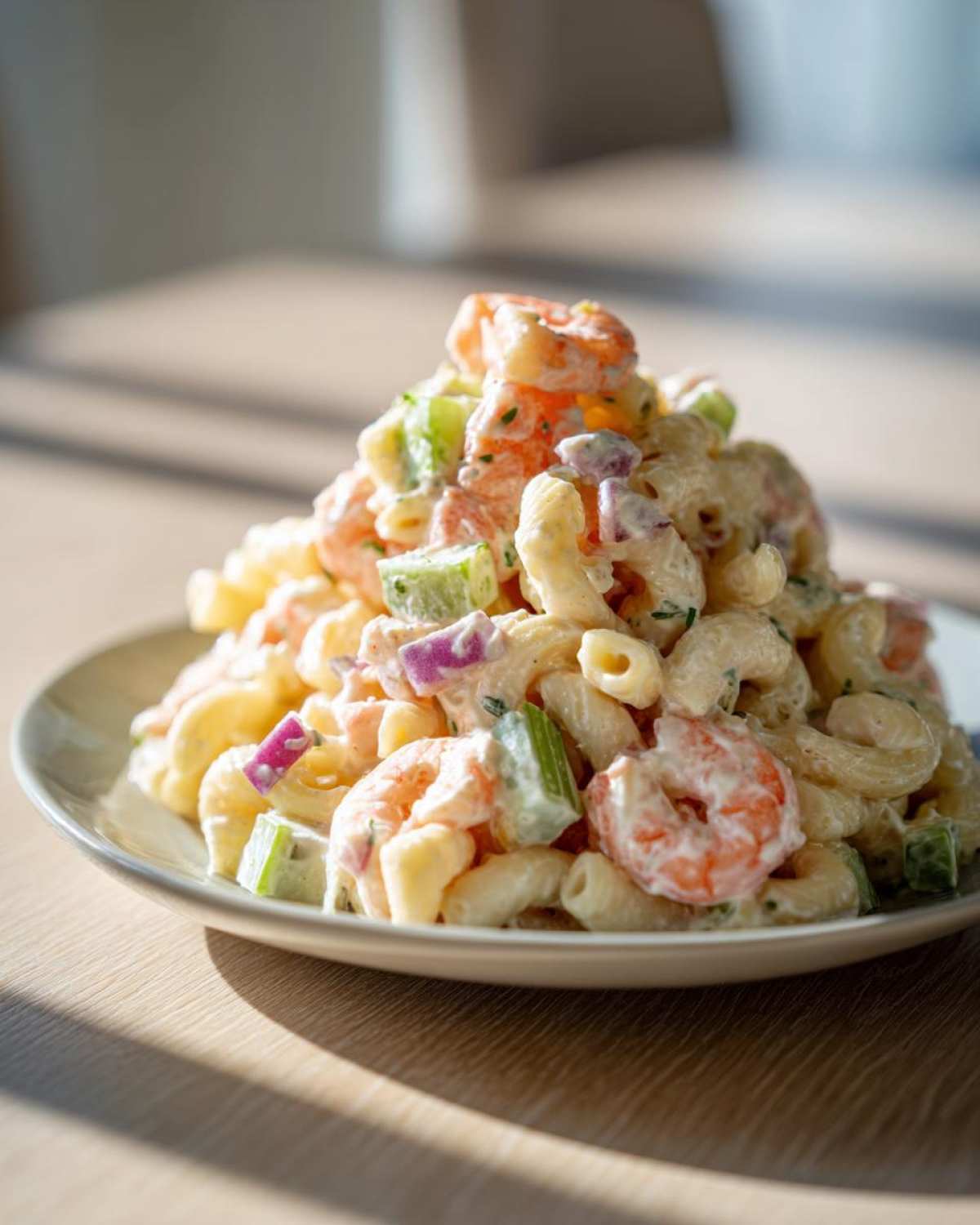 A mound of creamy Southern Shrimp Pasta Salad featuring elbow macaroni, pink shrimp, red onion, and celery on a light plate.