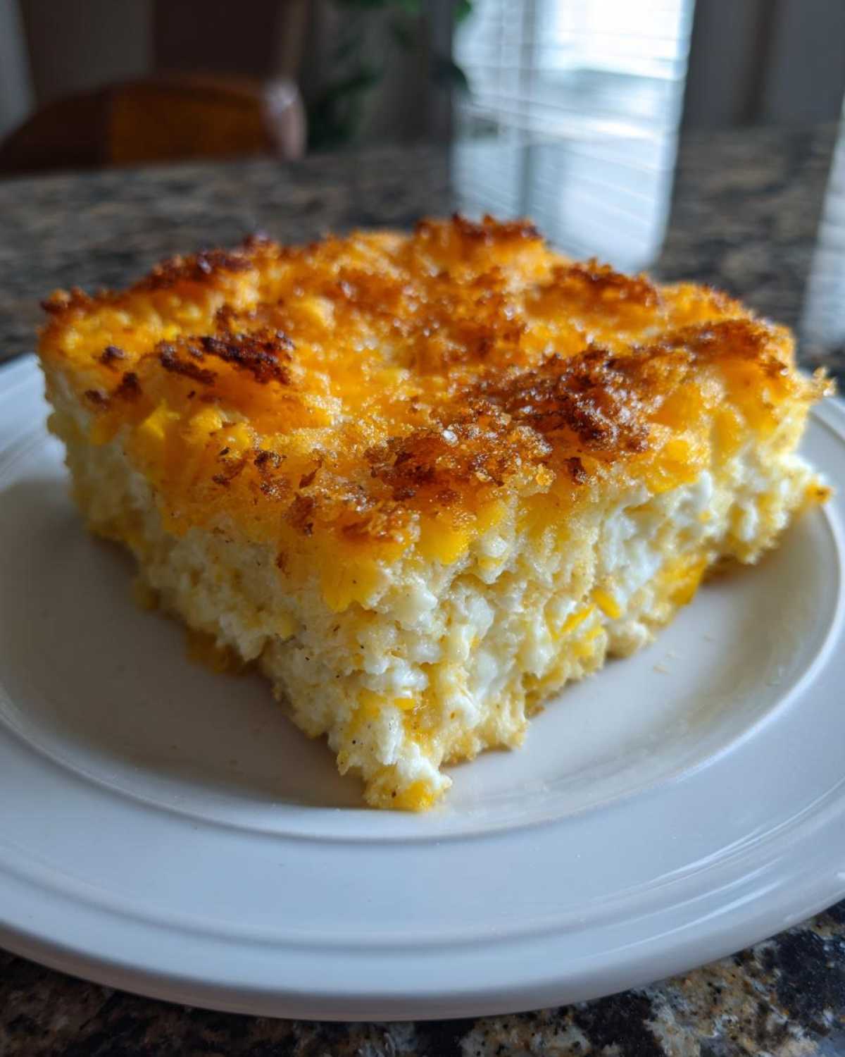 A square slice of creamy Southern squash casserole topped with melted, browned cheddar cheese.