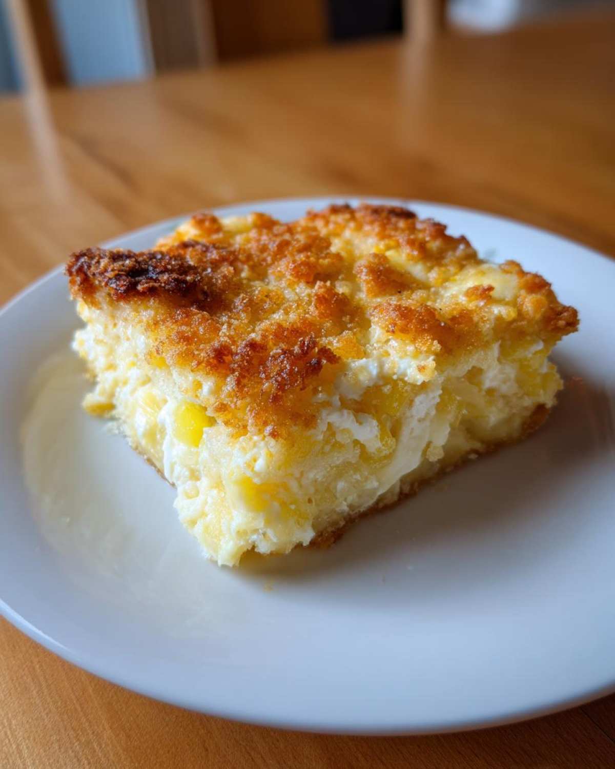 A square slice of rich, creamy Southern squash casserole with a golden brown, crunchy topping, served on a white plate.