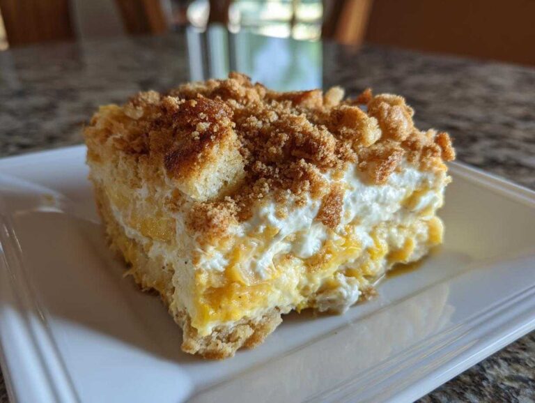 A close-up of a square serving of creamy Southern squash casserole topped with a golden brown crumb topping.