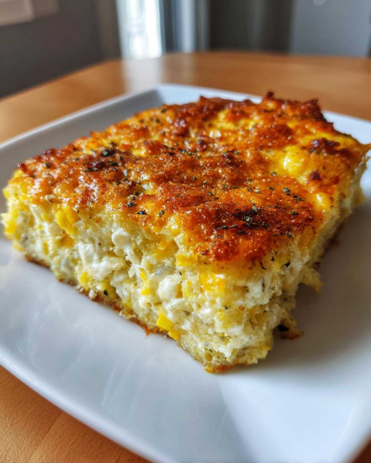 A close-up of a square slice of Southern squash casserole with a crispy, cheesy, golden-brown top.