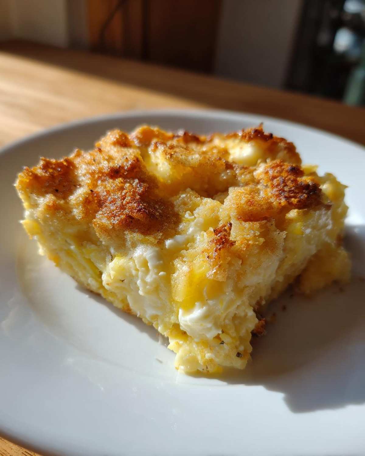 A close-up of a square slice of Southern squash casserole with a golden, crunchy topping on a white plate.
