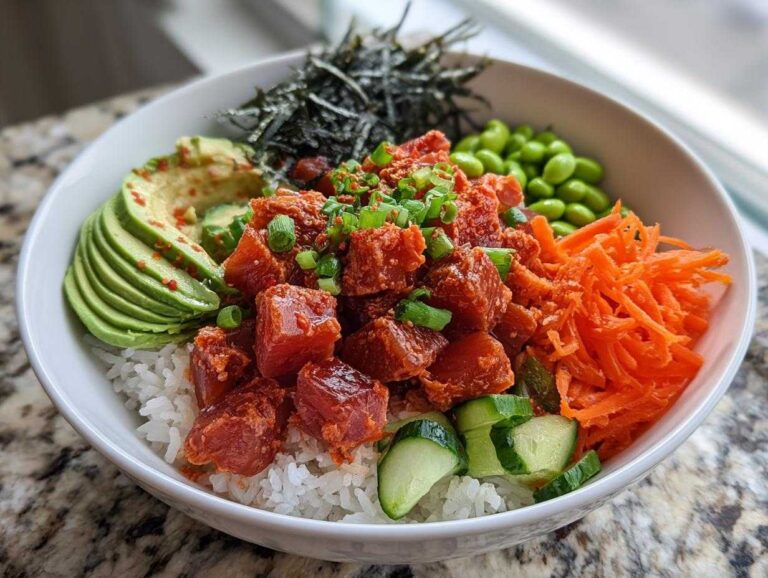 A vibrant bowl featuring Spicy Tuna Poke Bowls over rice, topped with avocado, carrots, edamame, and nori.