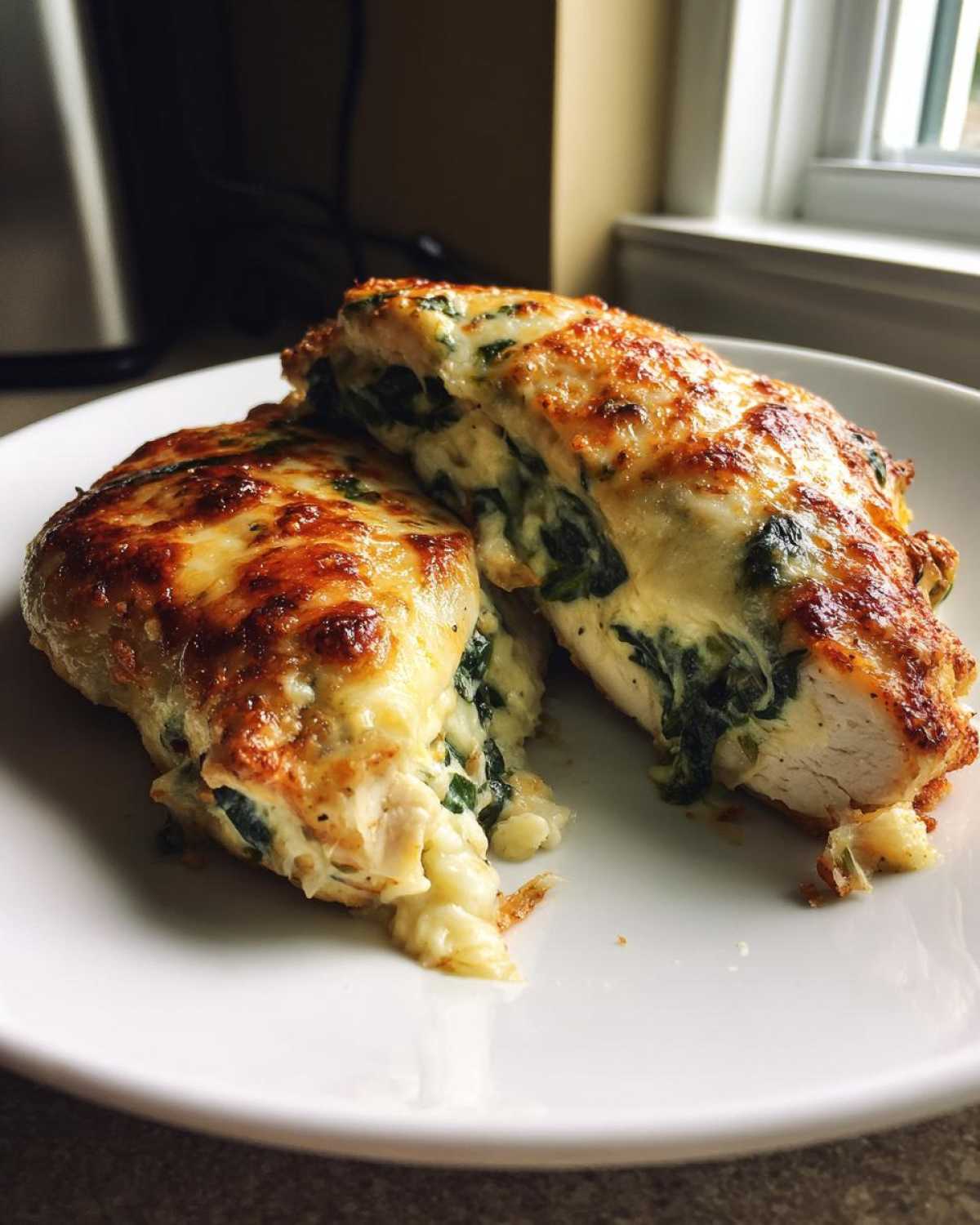 Two halves of Spinach & Artichoke Stuffed Chicken breasts showing creamy filling and golden-brown melted cheese topping.