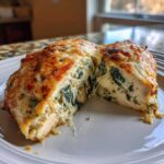 A close-up of Spinach & Artichoke Stuffed Chicken cut in half, showing creamy filling and melted cheese topping.