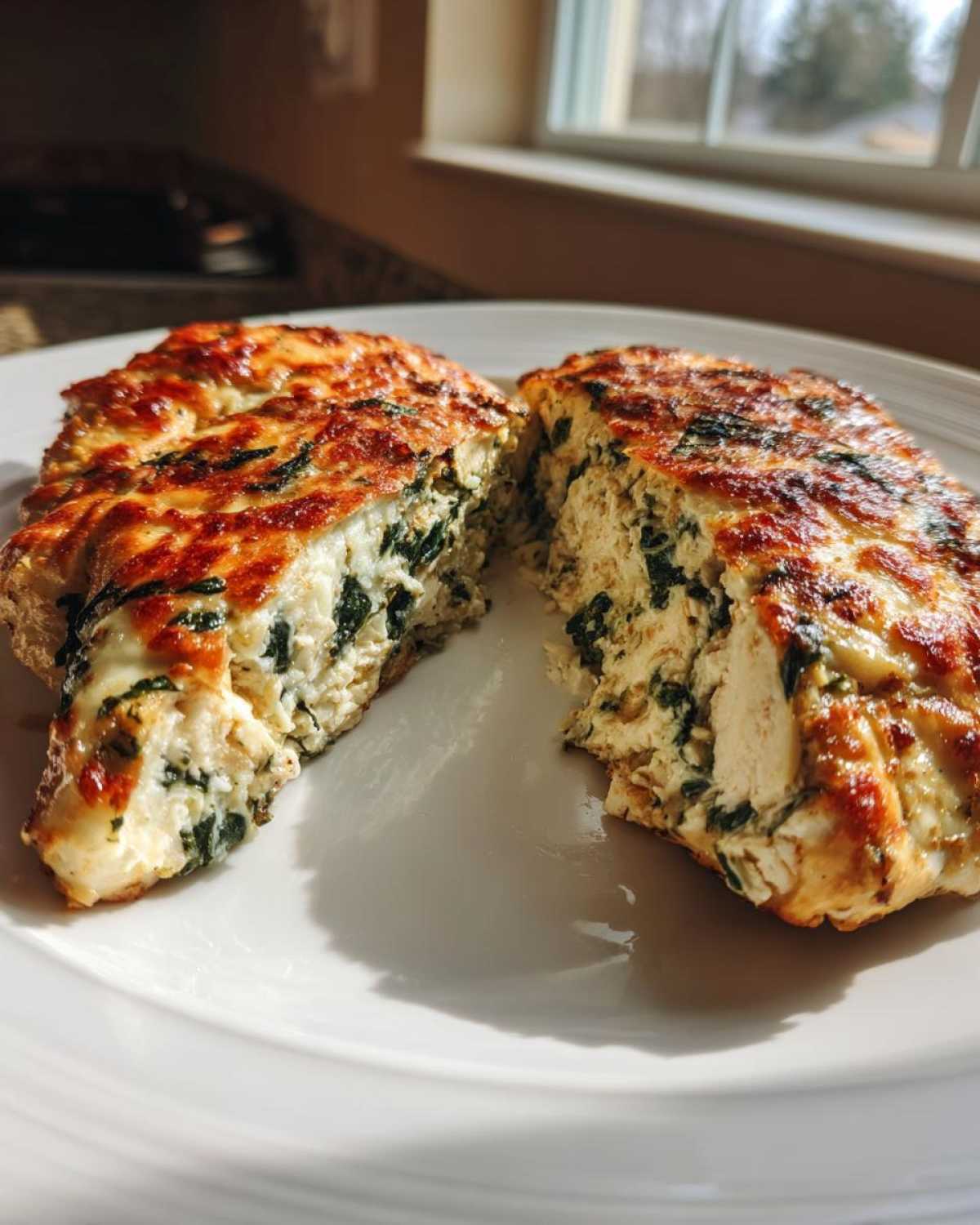 A baked Spinach & Artichoke Stuffed Chicken breast cut in half, showing the creamy filling inside.