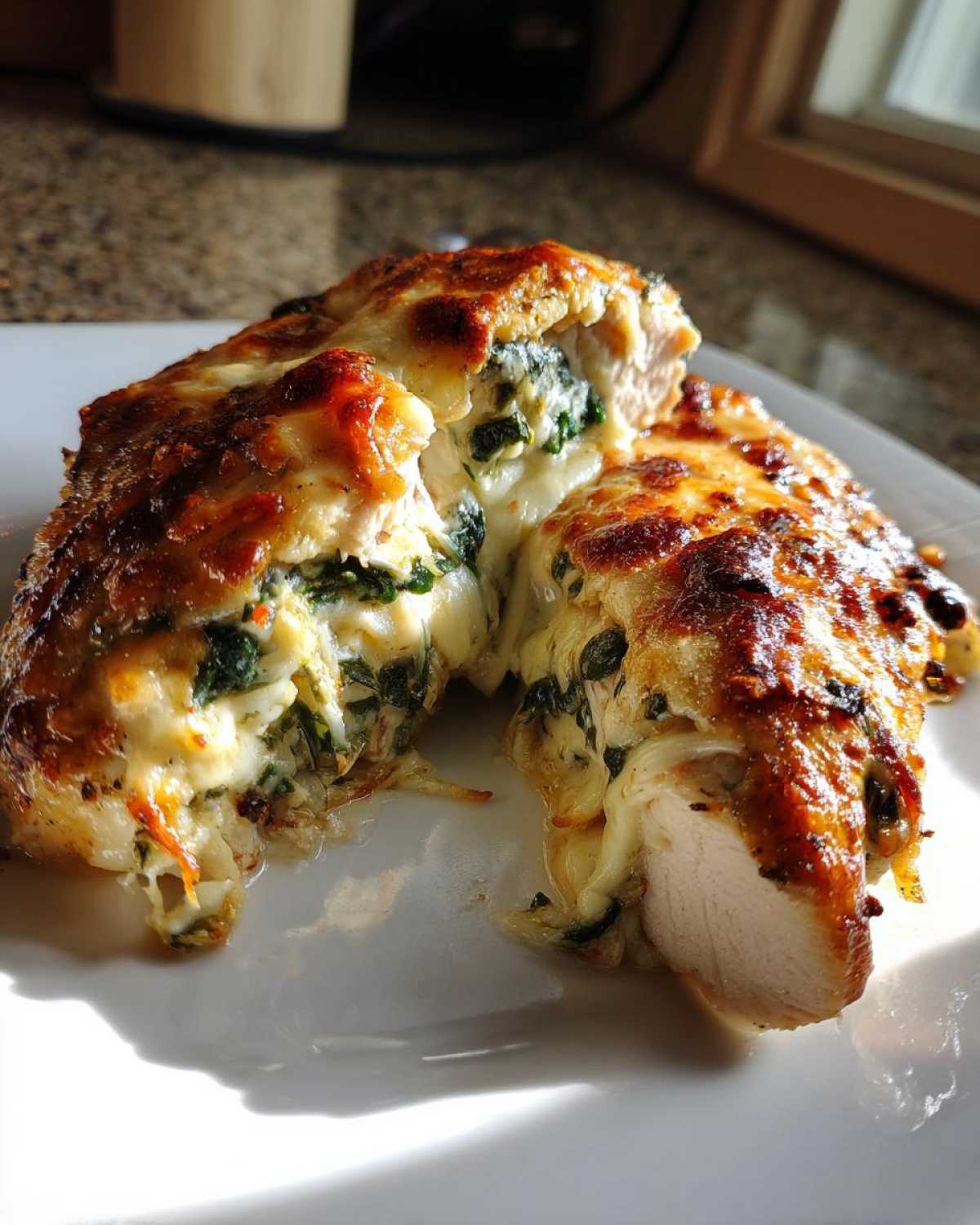 Close-up of Spinach & Artichoke Stuffed Chicken cut in half, showing gooey cheese and spinach filling.