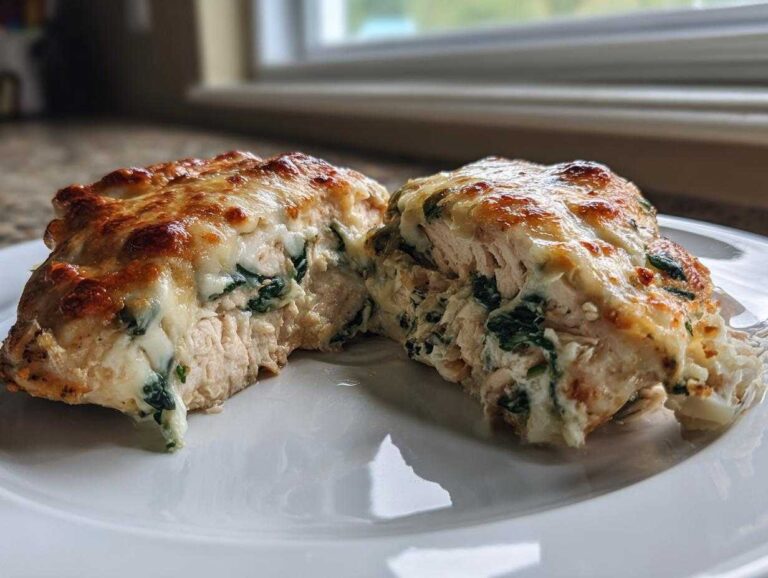 A close-up of Spinach & Artichoke Stuffed Chicken cut in half, showing the creamy filling inside and melted, browned cheese topping.