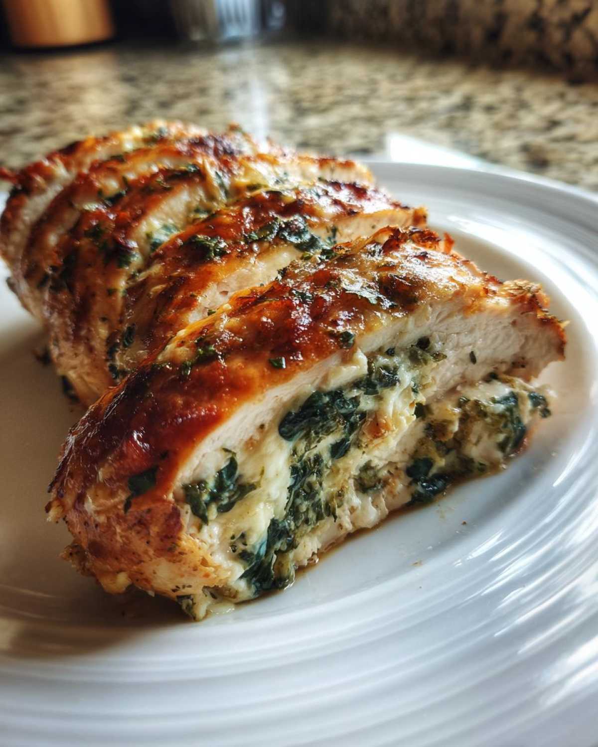 Close-up of sliced Spinach & Artichoke Stuffed Chicken breast showing juicy filling on a white plate.