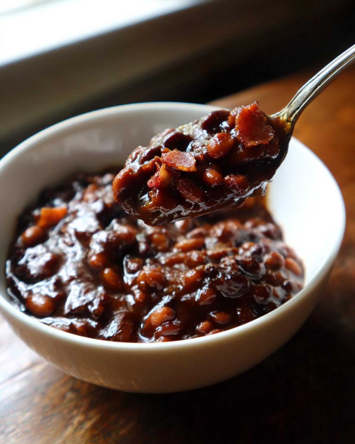 A spoonful of rich, dark, saucy Baked Beans: The Best Baked Beans Ever, showing bits of bacon, lifted from a white bowl.