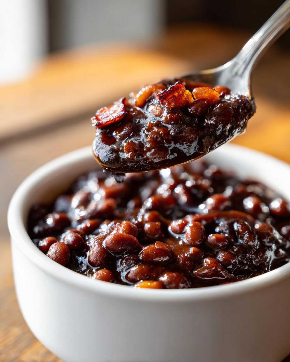 A spoonful of rich, dark Baked Beans: The Best Baked Beans Ever, topped with crispy bacon bits, lifted from a white bowl.