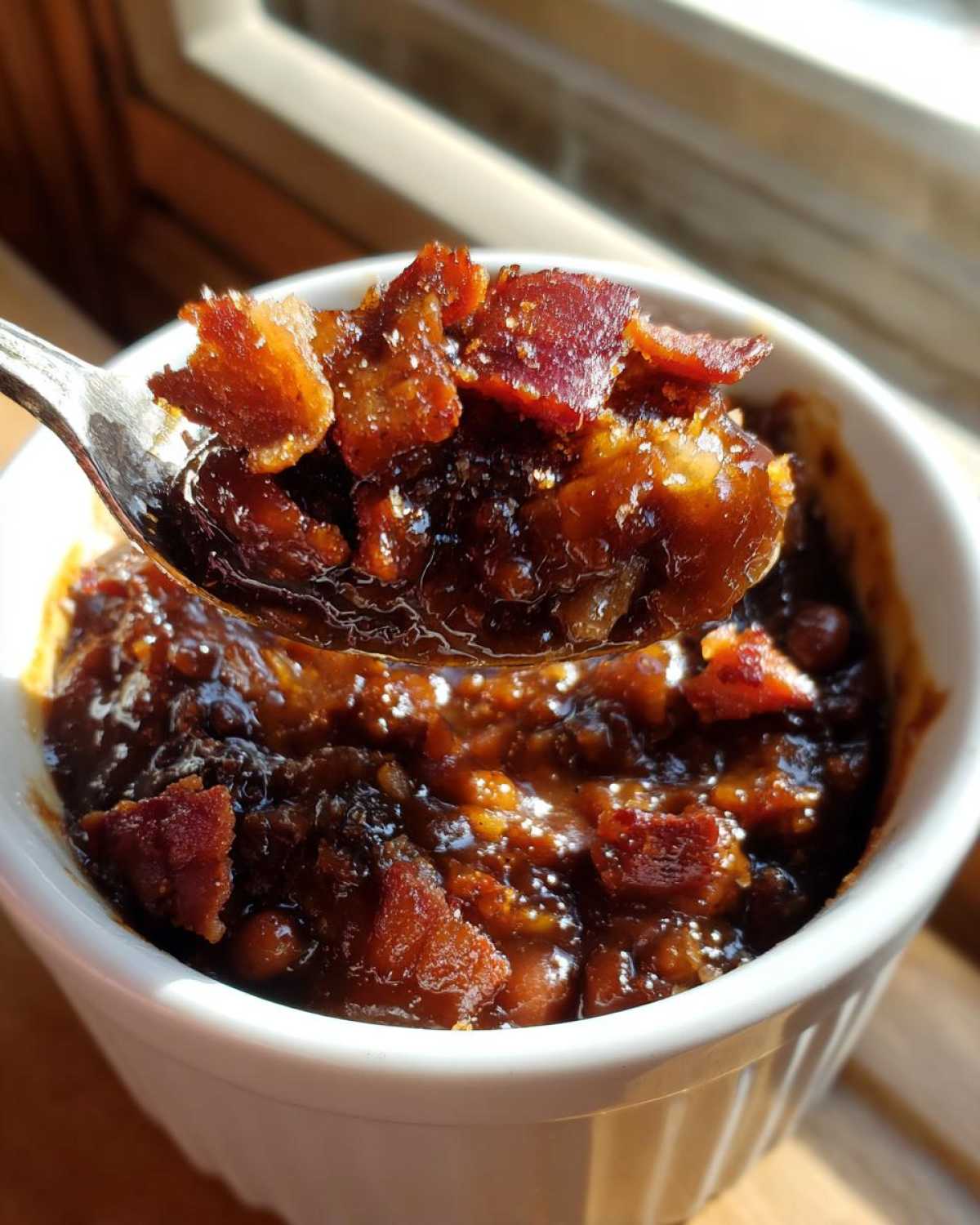 Close-up of a spoonful of rich, saucy Million Dollar Baked Beans topped with crispy bacon pieces.