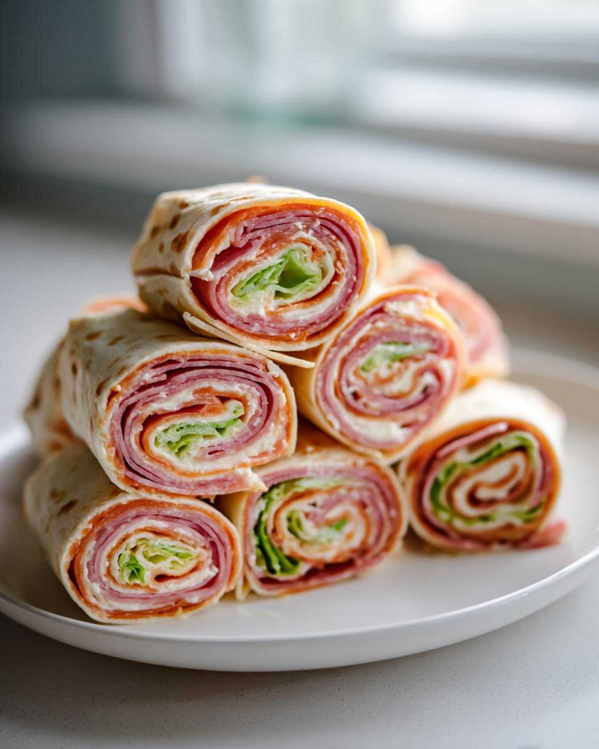 A stack of freshly cut italian pinwheels made with deli meats, cream cheese, and lettuce on a white plate.