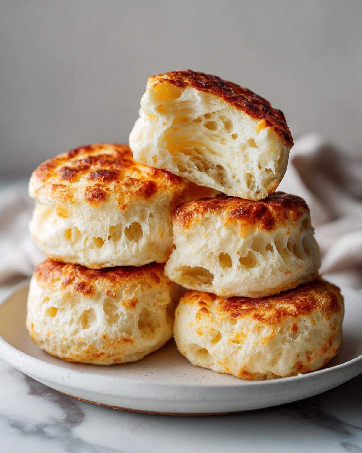 A stack of five golden-brown homemade english muffins, one split open showing the airy interior.
