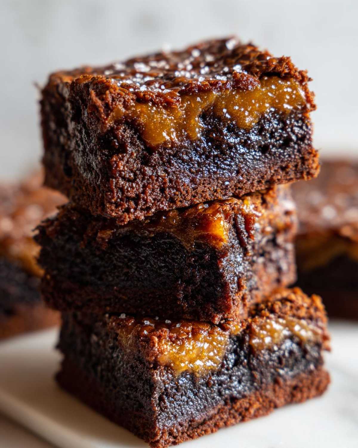 A vertical stack of three rich, fudgy pecan pie brownies showing a gooey caramel layer and sprinkled with sea salt.