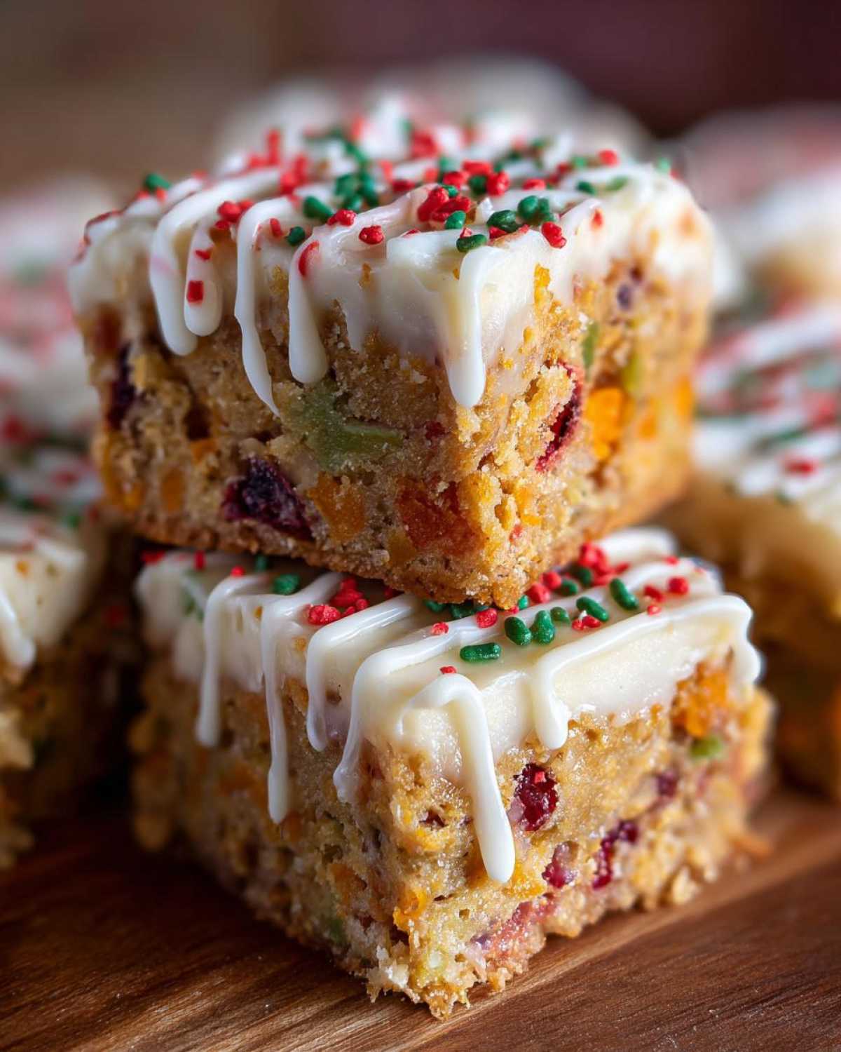 Close-up of two stacked cranberry bliss bars topped with white icing drizzle and red and green sprinkles.