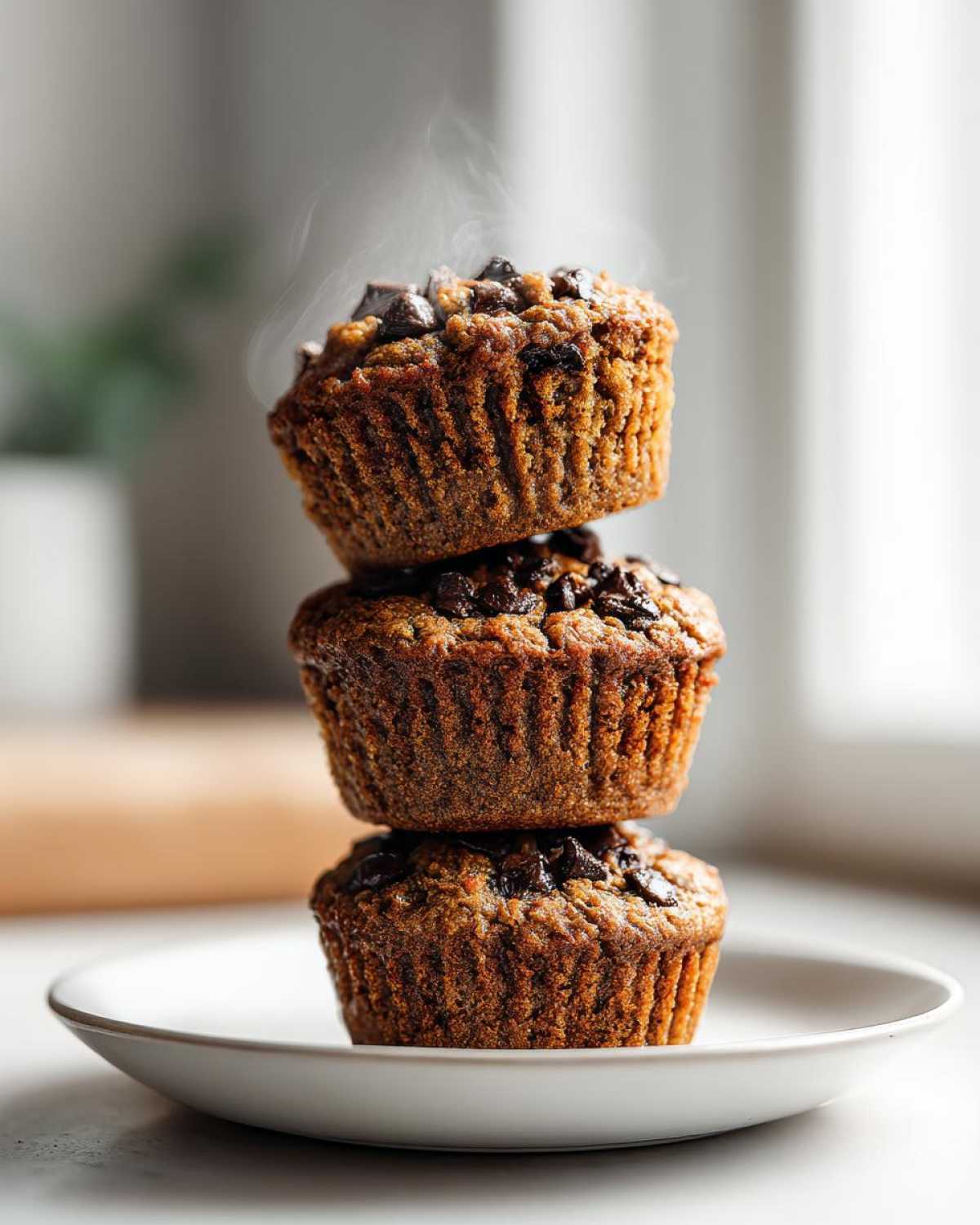 Three freshly baked chocolate chip protein muffins stacked vertically on a white plate, showing steam rising.