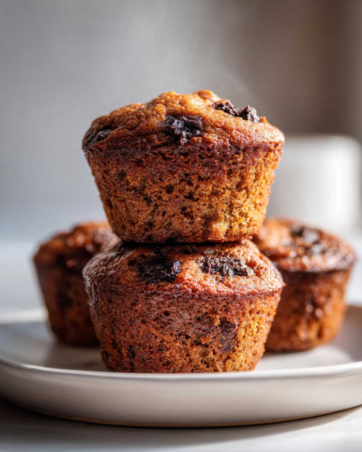 A stack of three freshly baked, warm protein muffins with visible chocolate chips on a light plate.