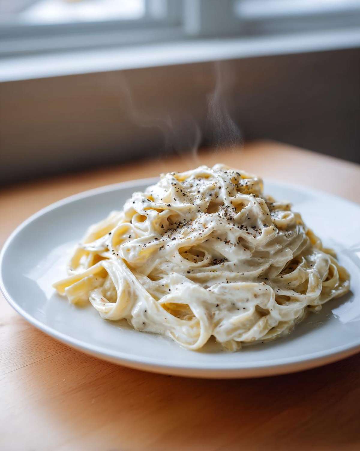 A close-up of steaming hot fettuccine coated in creamy cottage cheese alfredo sauce and topped with black pepper.